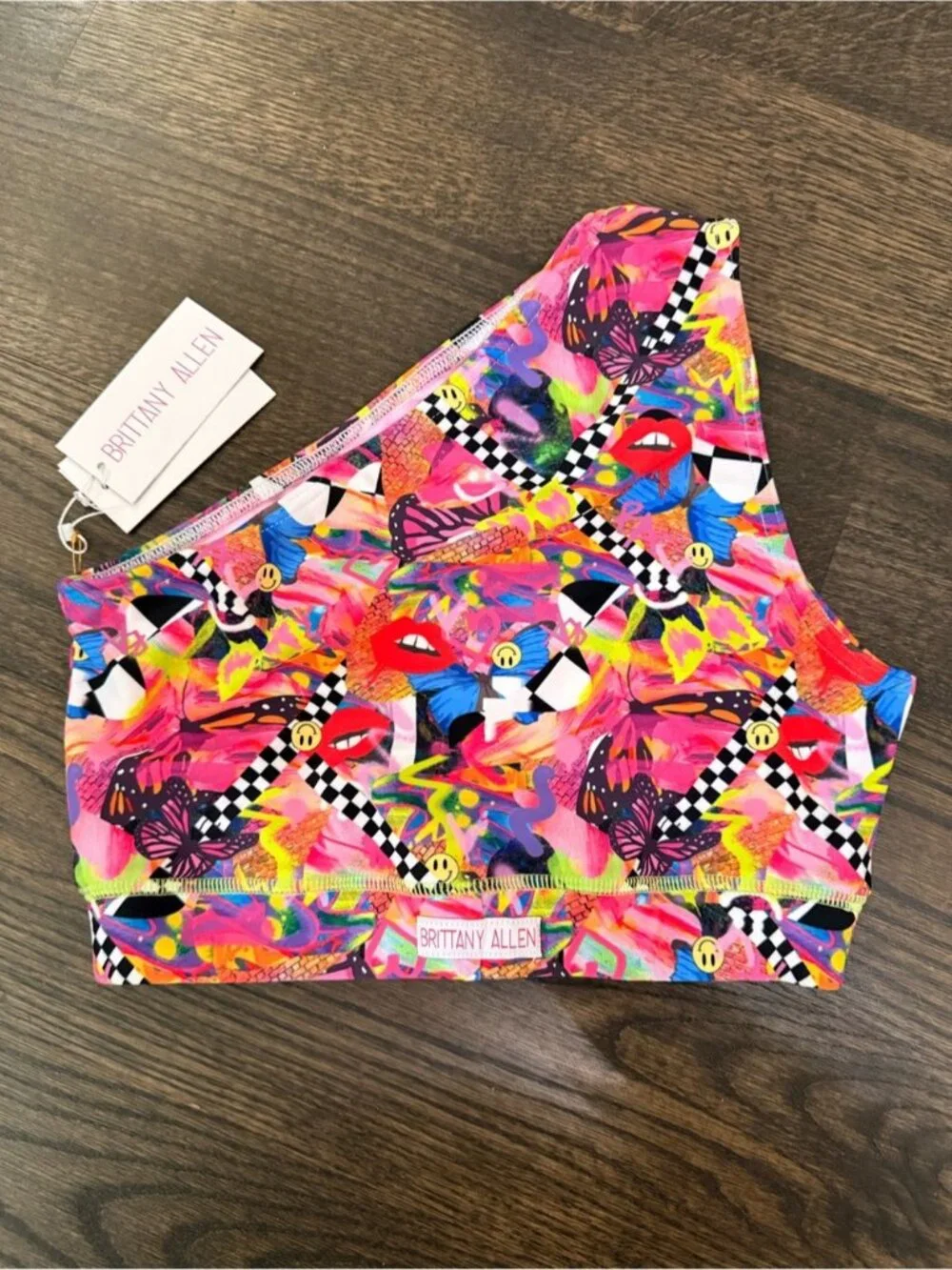 NWT Brittany Allen One-Shoulder Neon Pop Art Sports Bra size S - Picture 2 of 5